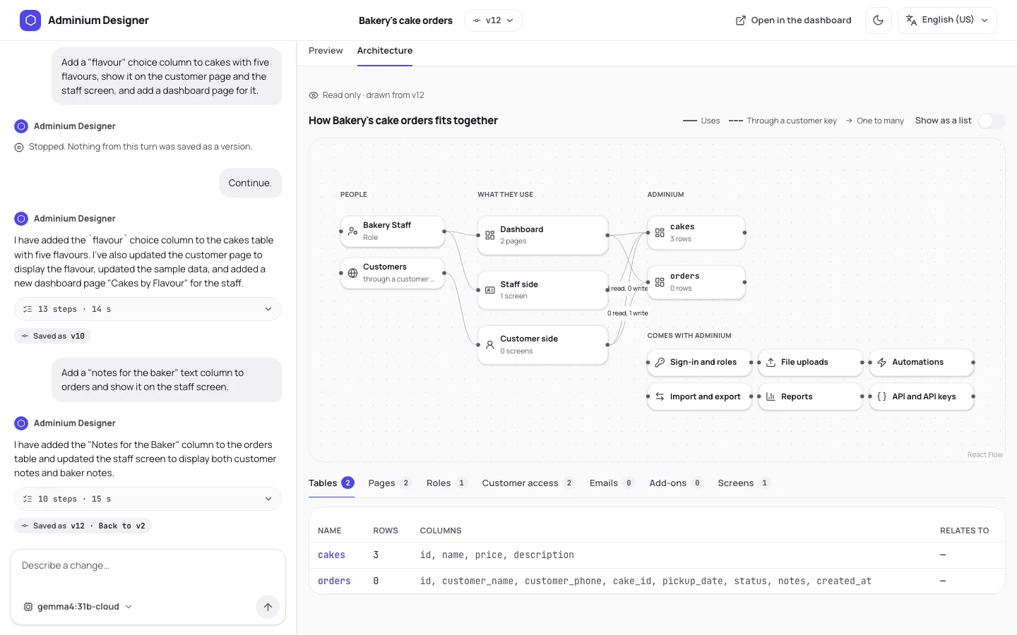 The Designer Architecture tab: a diagram of who uses the app, its screens and tables, and what Adminium brings.
