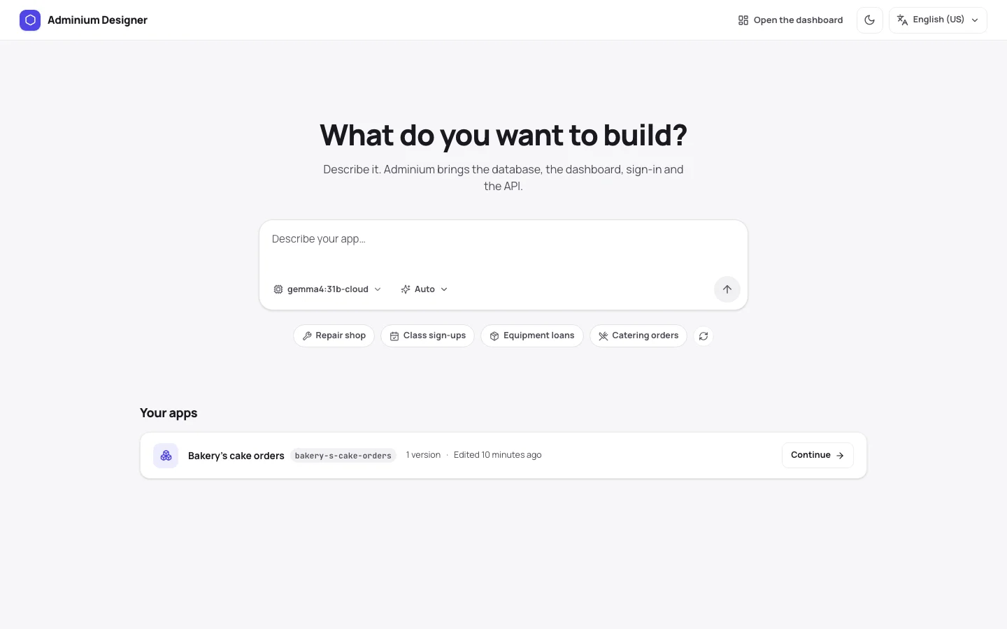 The Designer home page: a box that asks "What do you want to build?", a model picker, and a list of your apps.